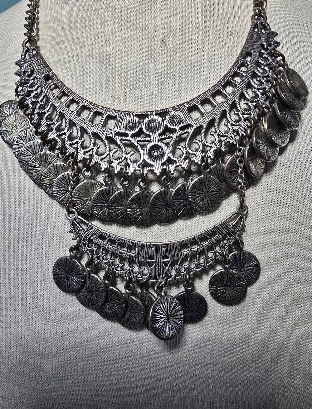 Fun Silver-tone Boho Tiered Coin Necklace - Picture 3 of 5